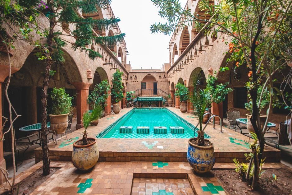 Courtyard and pool of a luxury riad in Marrakech
