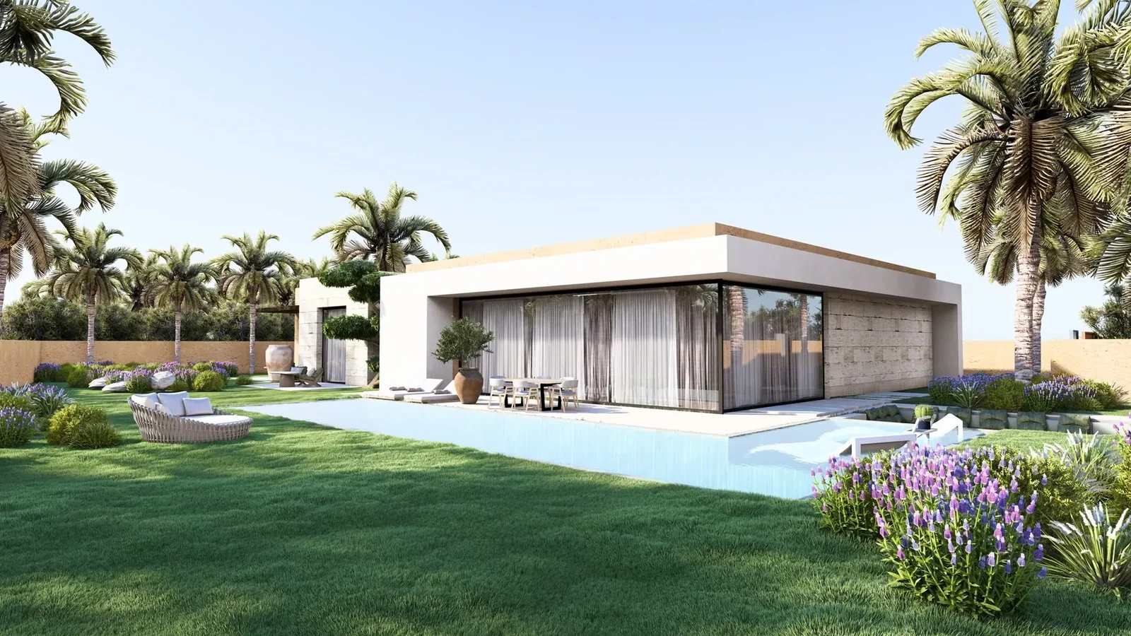 Mortgage in morocco : An exterior rendering of a single-story modern villa with floor-to-ceiling glass walls, a flat roof