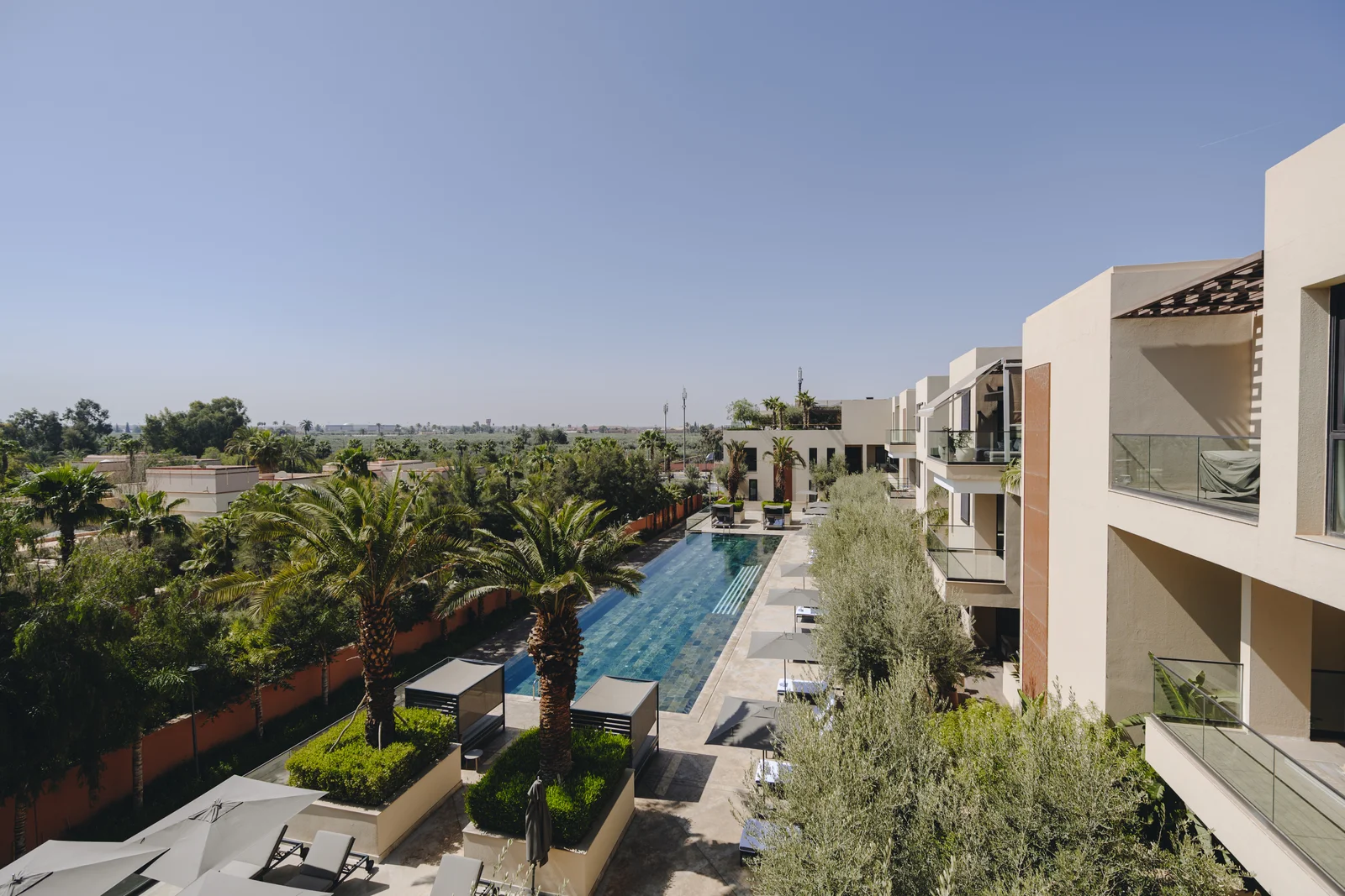 Long pool lined with palm trees between residential buildings, a setting where apartments are let through the year
